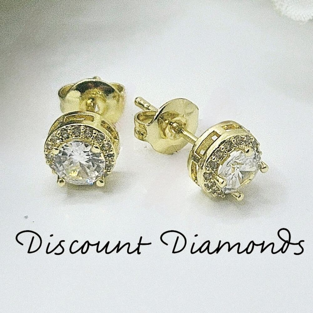 Dainty Round White Halo & White Baguette Diamond Earrings 14K Yellow Gold  925